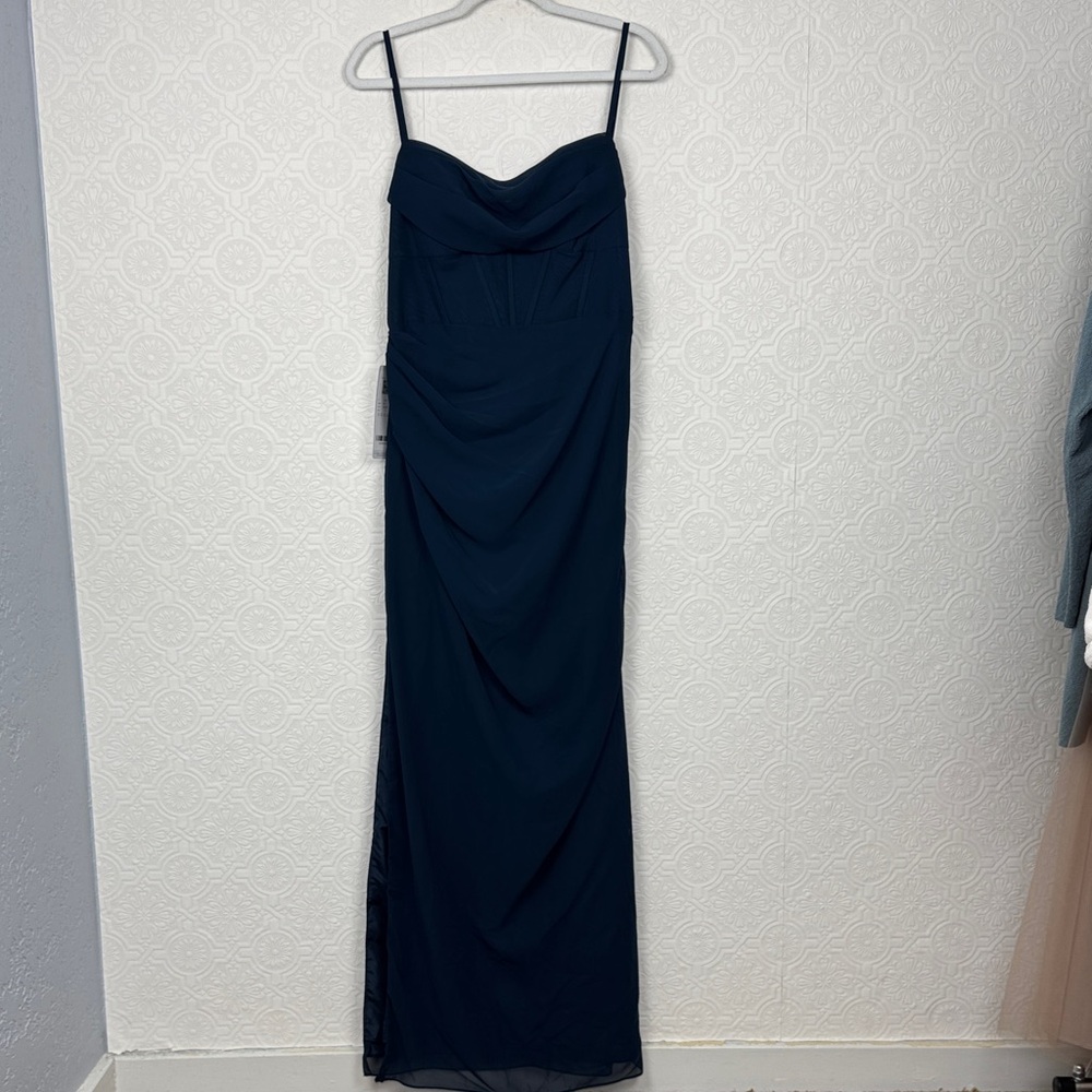 Azazie Mai Dark Navy Bridesmaid Dress US 10 A10 Ruched Chiffon Maxi Gown - Picture 5 of 13